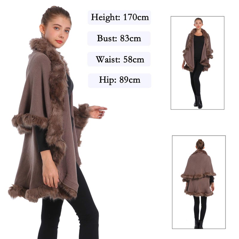 ZLYC Women Fine Knit Open Front Faux Fur Trim Layers Poncho Cape Cardigan Sweater, Khaki - Image 3